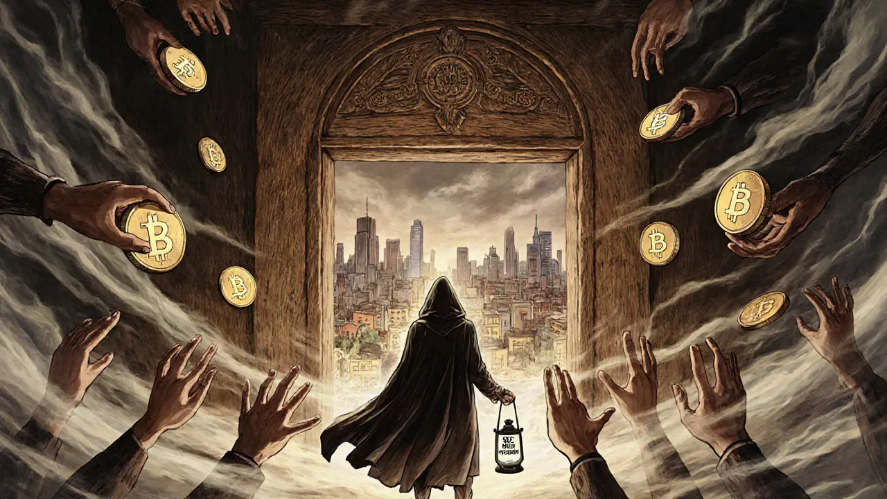 Global hands deposit digital coins into a glowing door marked with blockchain symbols, revealing a city of tokenized properties behind it.