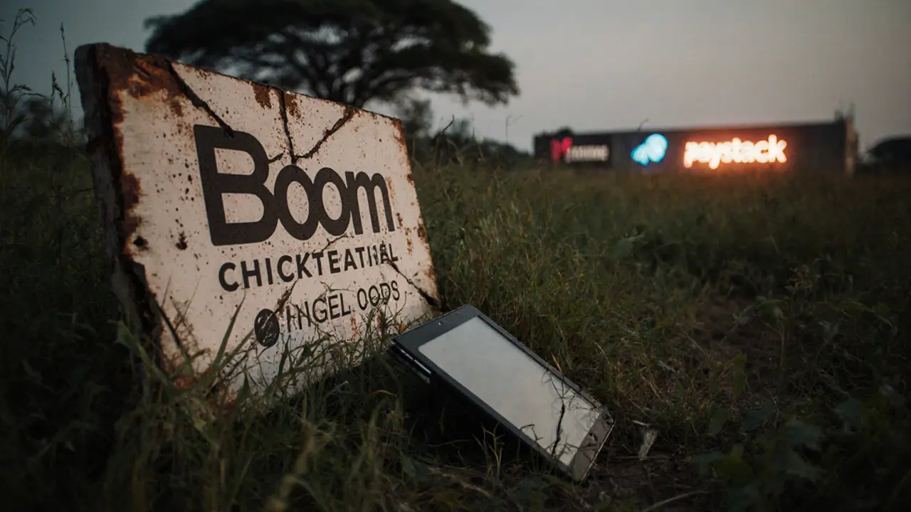 A broken sign for &#039;Boom: Africa&#039;s Super App&#039; in an overgrown field, with a rusted tablet nearby.