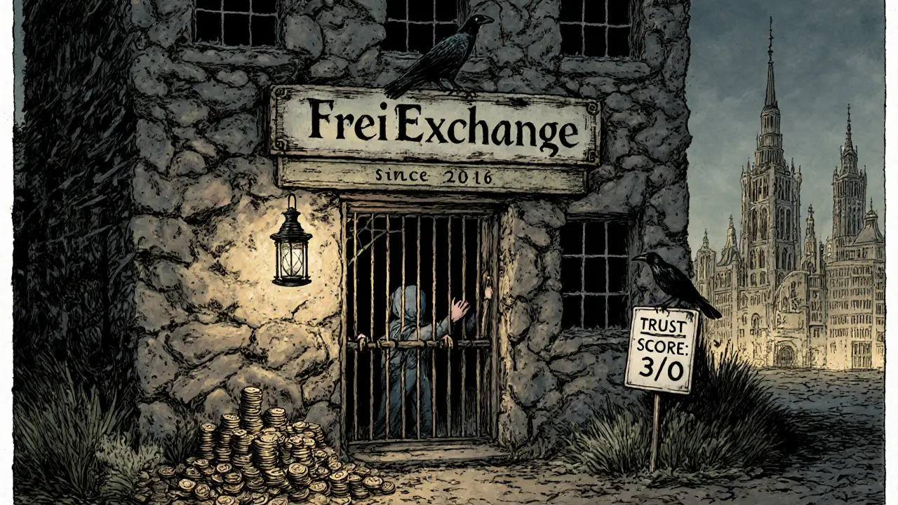 A decaying exchange building with a broken sign, a crow on a &#039;Trust Score: 3/10&#039; sign, and dark windows.