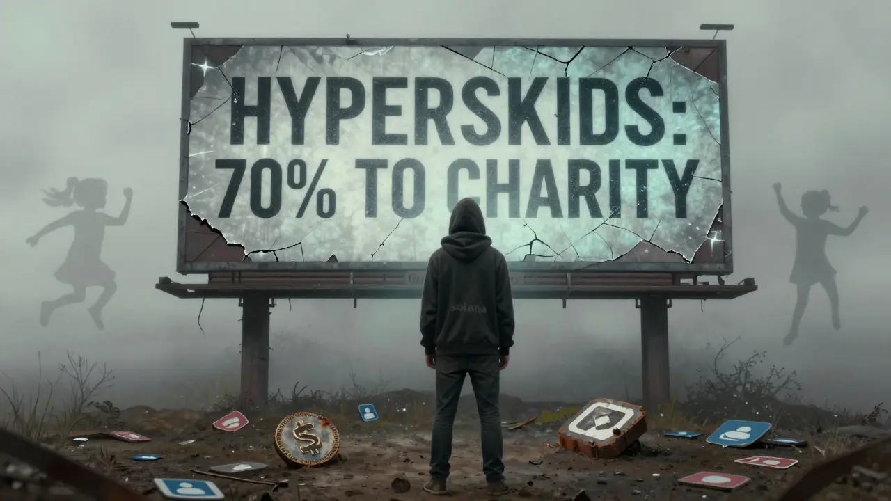 A figure stands before a crumbling digital billboard showing faded charity promises, with ghostly children fading behind.