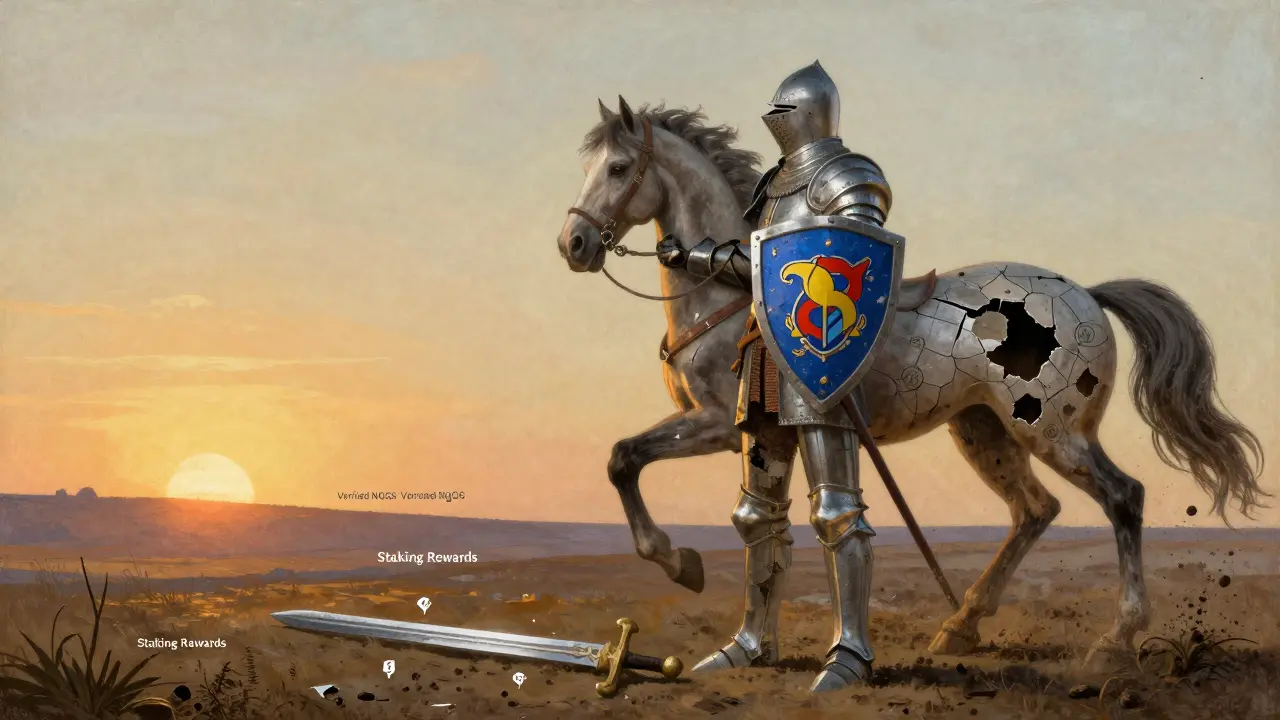 A knight in cracked armor holds a $HYPERSKIDS shield, his horse dissolving into blockchain static, sword broken at his feet.