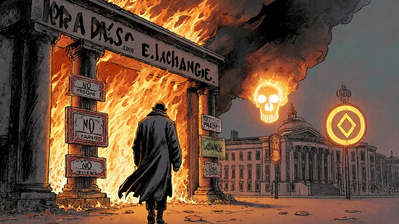 A lone figure walking away from a burning exchange as distant, secure platforms glow in the background.