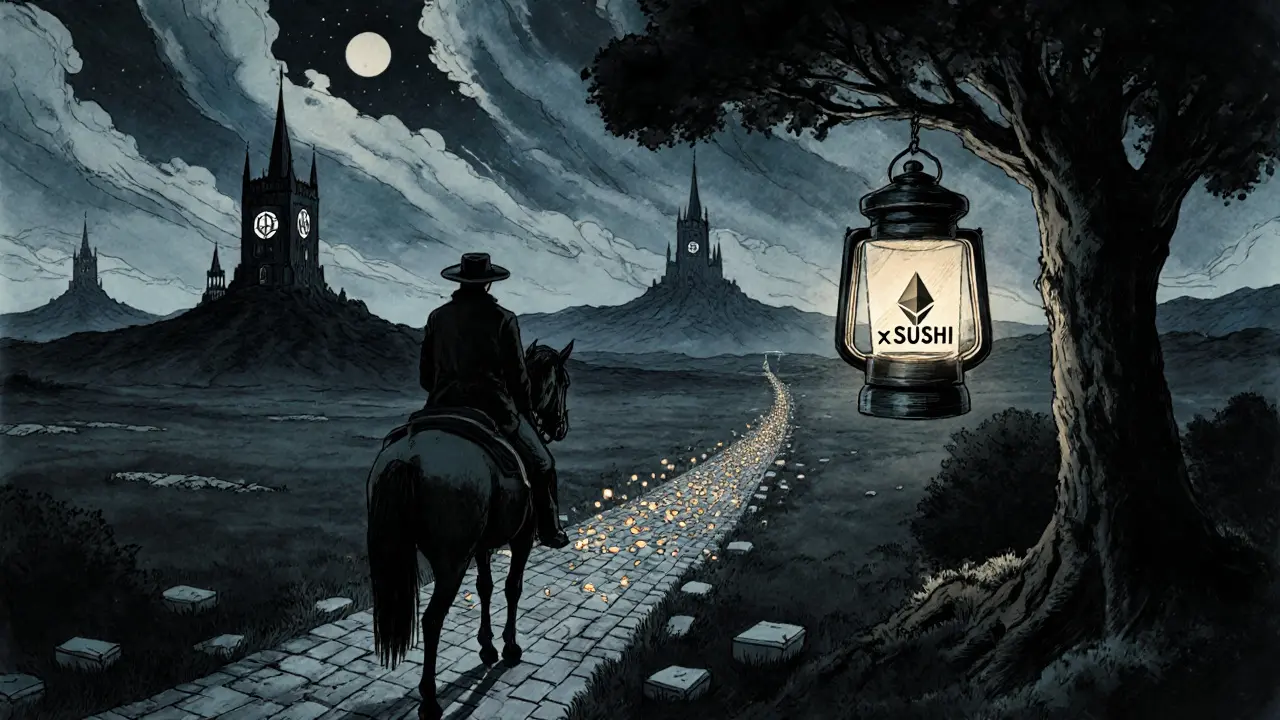 A lone rider approaches a glowing xSUSHI lantern on a moonlit DeFi path, while rival exchanges fade into darkness behind.