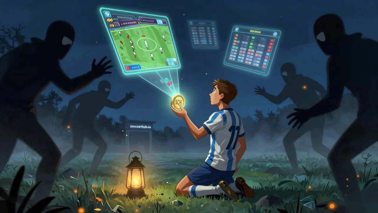 A player holds a glowing SCH token as holograms of gameplay appear, while shadowy scammers reach from the dark.