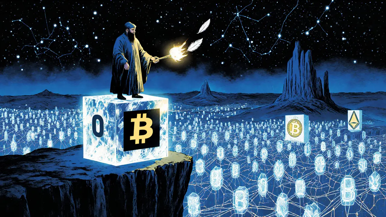 A robed figure stands on a crystalline Block 0, holding a torch that illuminates unspendable BTC and distant blockchain monuments.