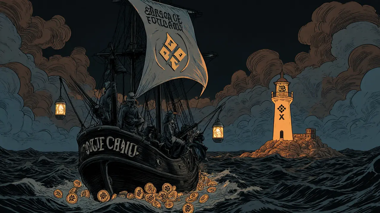 A ship called Rogue Chain sailing from the wreck of Digitex Futures, with sailors casting tokens into the sea.