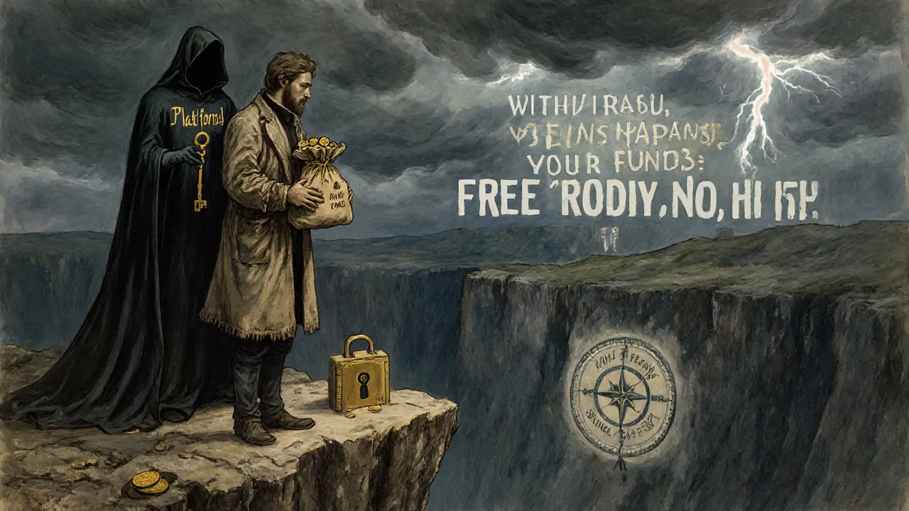 A trader on a cliff holds crypto coins as a shadowy figure offers a key to a vault labeled &#039;Your Funds&#039;.