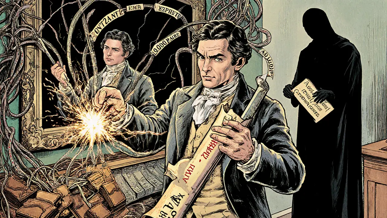 A trader pulling a cracking lever labeled &#039;50x&#039;, surrounded by tangled wires and a reflection showing empty wallets.