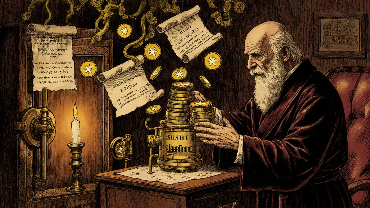 An elderly sage places SUSHI tokens into a brass vault as floating xSUSHI tokens multiply above him in a candlelit study.