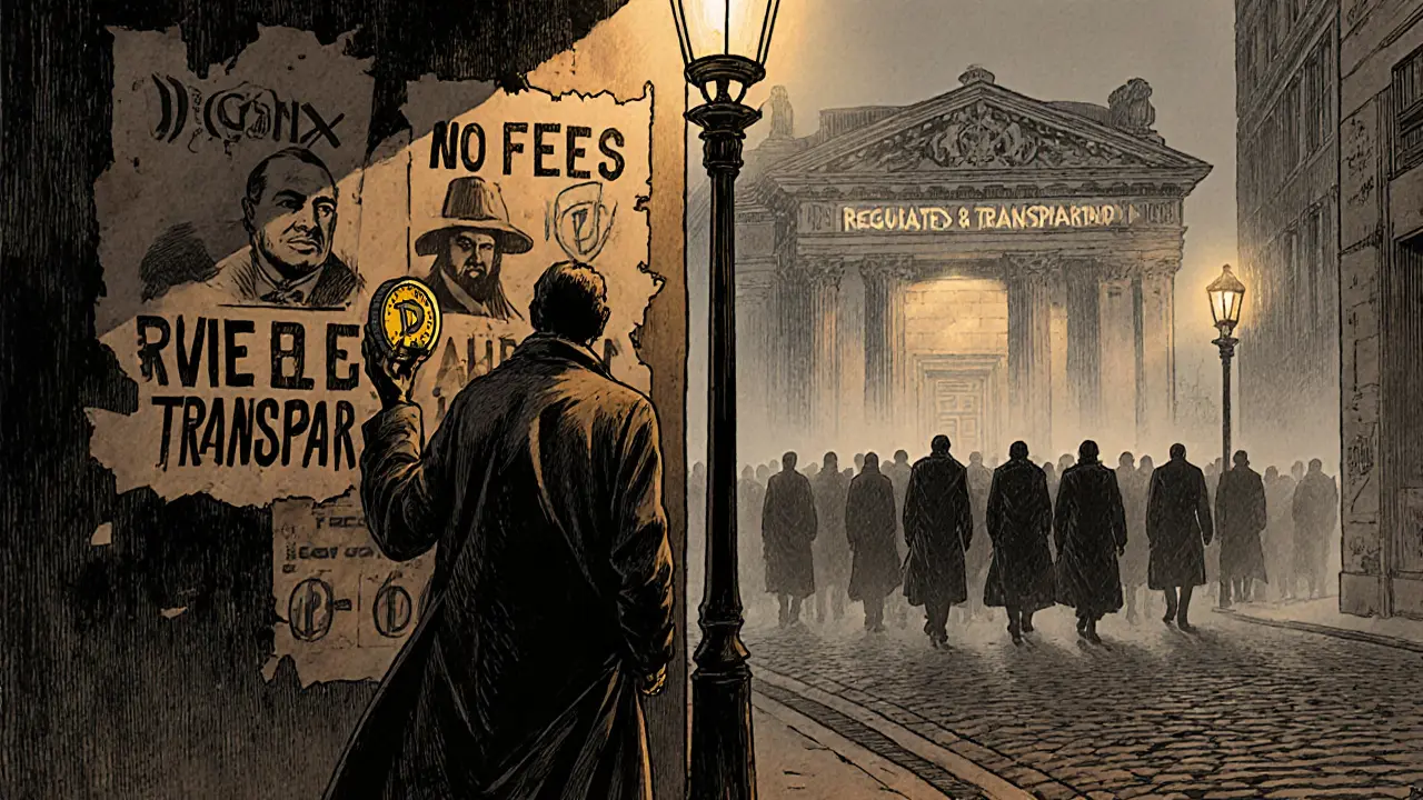 An investor holds a DGTX token under a lamp, facing a wall of faded ads while others walk toward a regulated exchange.