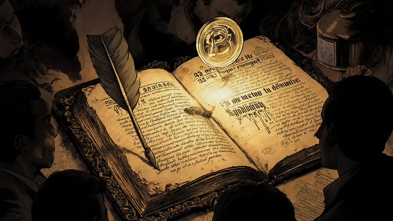 An ornate ledger opens to the genesis block, glowing with golden ink, a quill nearby, as observers peer through a magnifying glass.