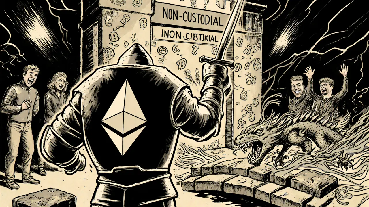 Knight in MetaMask armor defending non-custodial gate against a gas fee dragon.