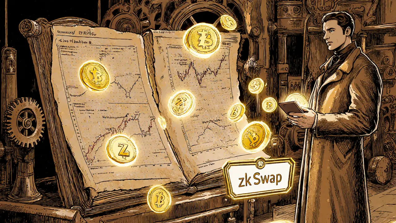 Mechanical DeFi ledger with glowing ZF tokens and trader connecting a wallet to a portal.