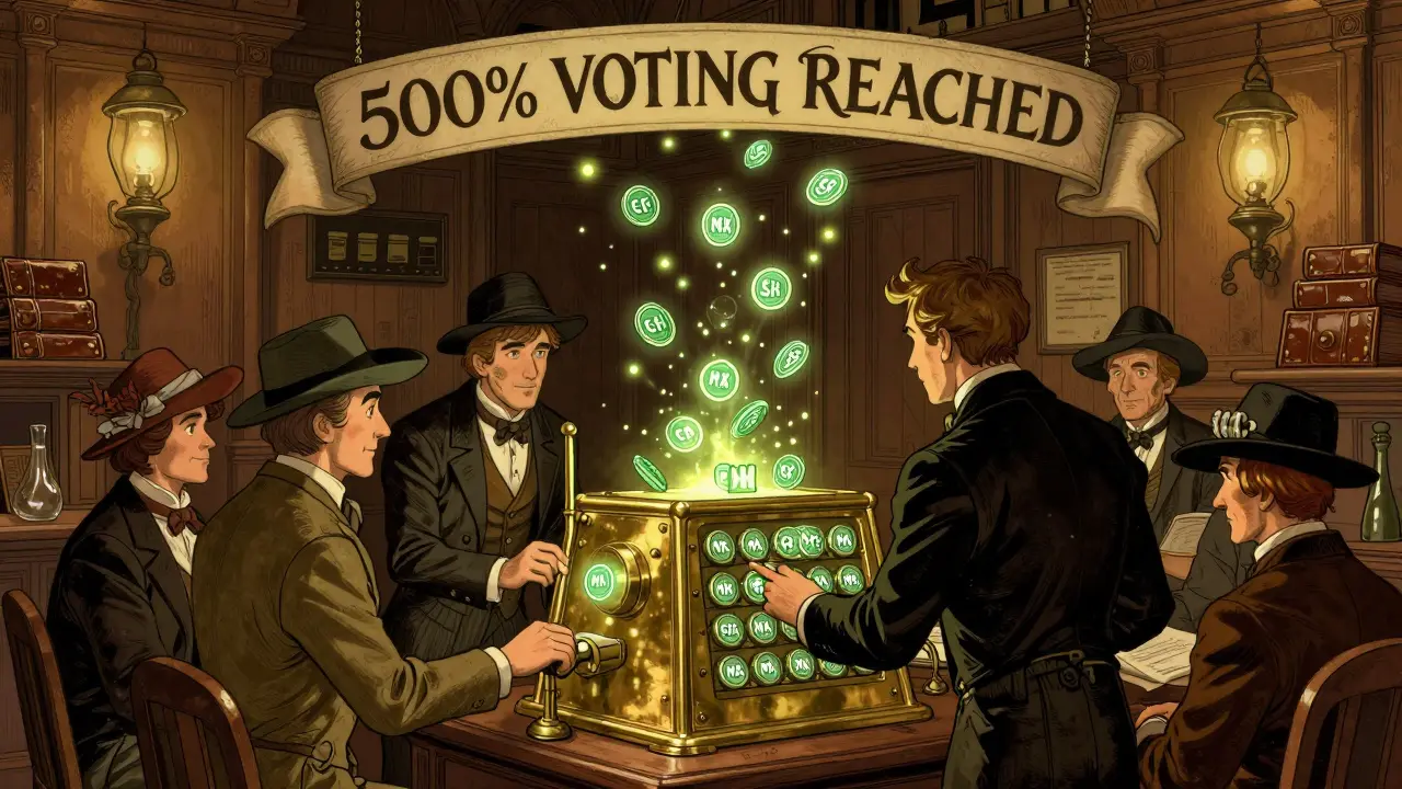 Victorian-era traders stake MX tokens in a brass voting machine, with SCH tokens rising like fireflies around them.