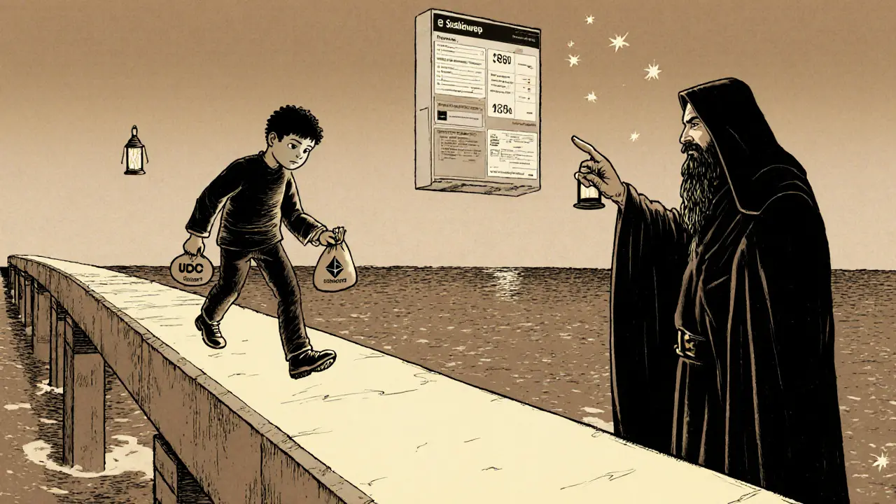 A beginner steps onto a bridge to Polygon, guided toward SushiSwap’s lantern-like interface as reward pools shimmer in the distance.