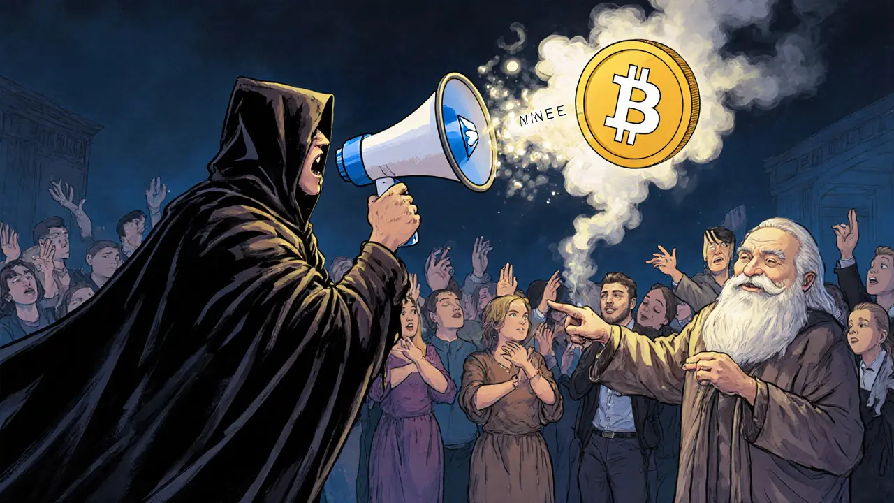 A con artist whispers false promises as investors reach for a dissolving MNEE token, while a sage points to a blockchain explorer.