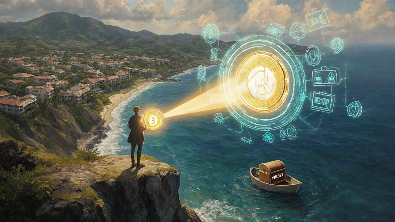 A figure on a cliff holds a WECOIN token linking to a digital portal above the sea, with shimmering property outlines in the air.