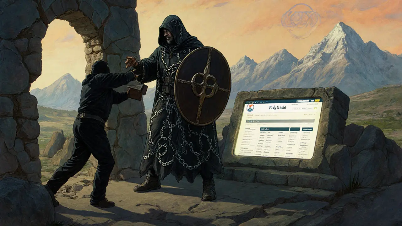A guardian blocks a thief from stealing a wallet, while a real Polytrade interface glows on a stone tablet.