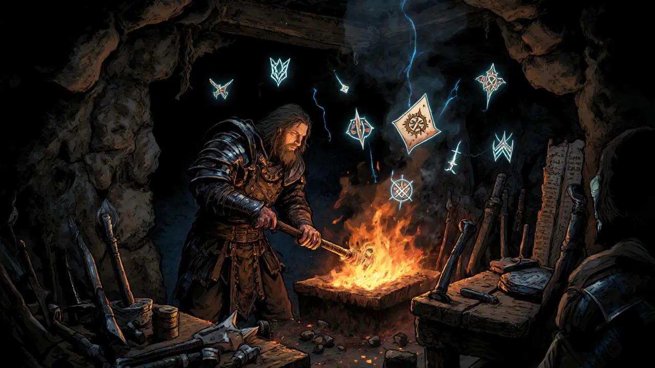 A hero forges NFT gear in a dim forge, with glowing mineral shards and floating blockchain glyphs illuminating the scene.