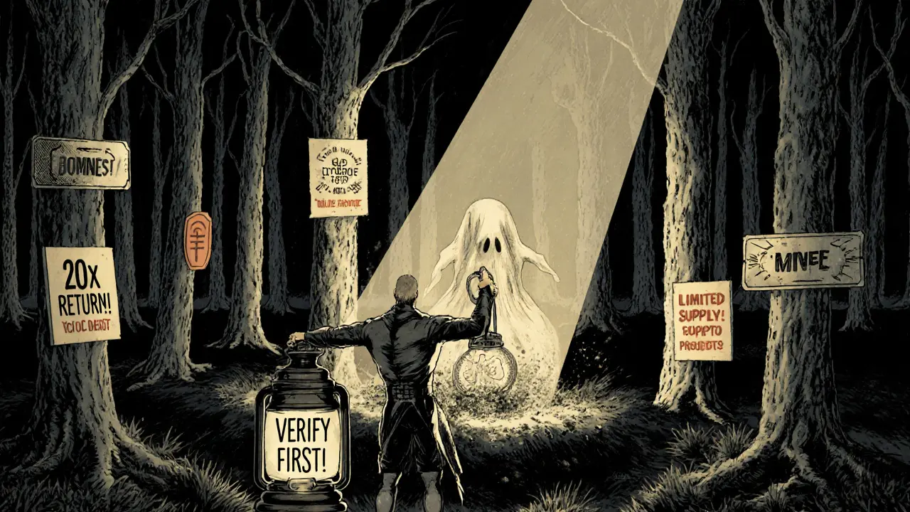 A hero illuminates deceptive crypto ads with a lantern as a ghostly MNEE token crumbles to dust in a dark forest.