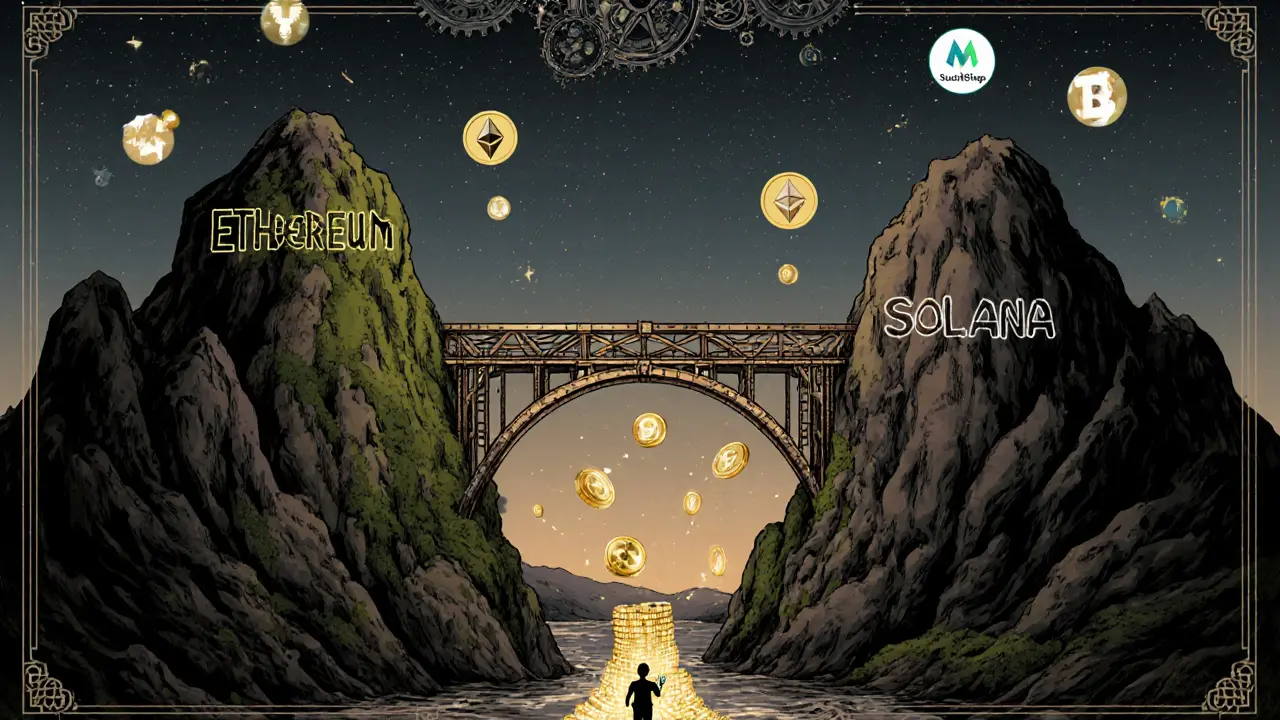 A mechanical bridge connects two blockchain mountains, flowing with golden tokens that return to a user&#039;s wallet.