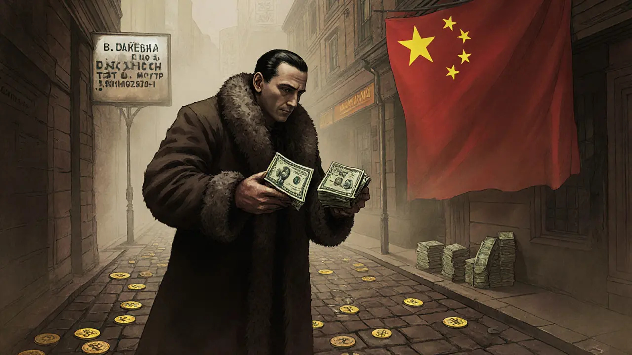 A Russian facilitator exchanging crypto for cash in a foggy alley, with Chinese front company sign in distance.