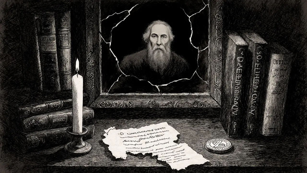 A scholar gazing at a mirror reflecting only a ghostly INTX outline, beside a torn whitepaper and a zero-value coin.