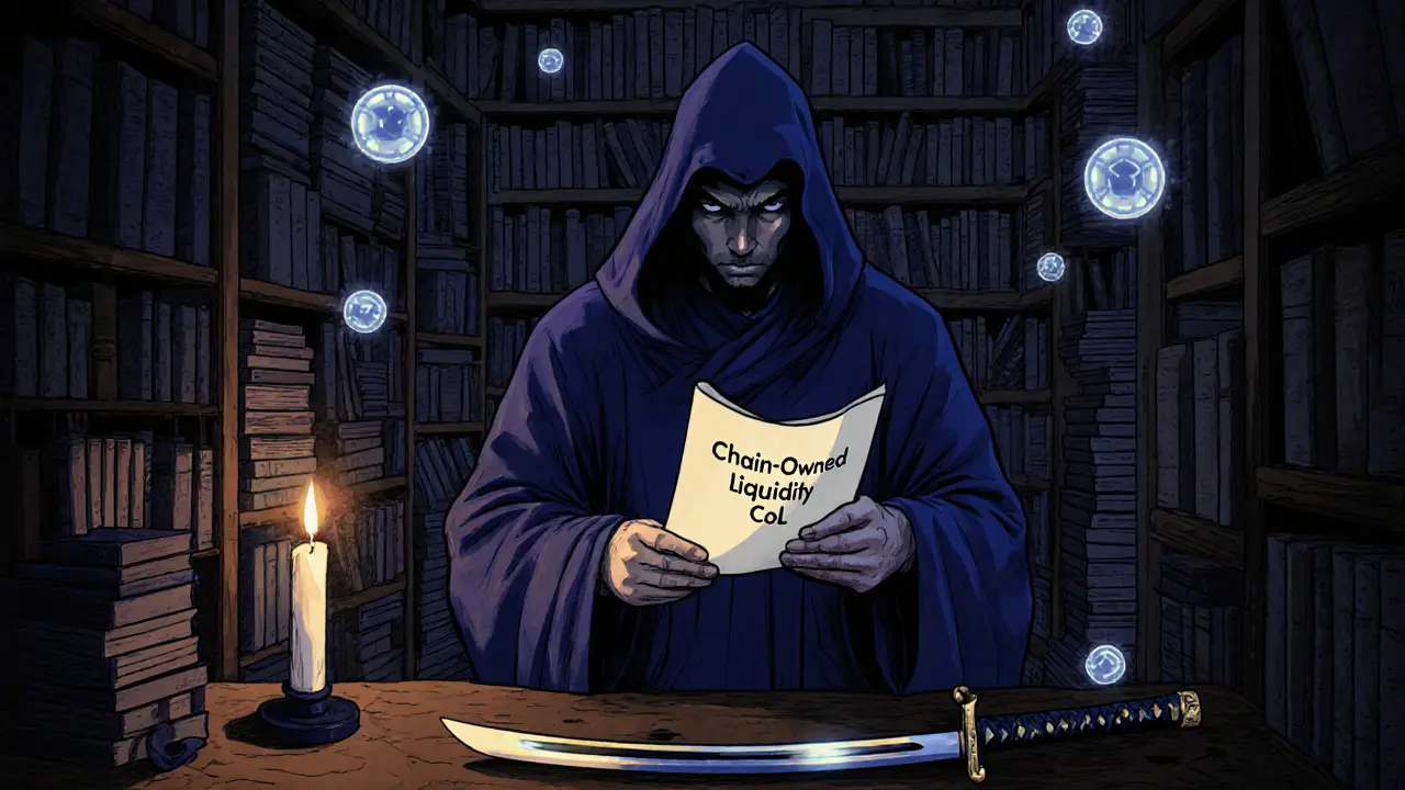 A scholar studies Chain-Owned Liquidity in a library of blockchain ledgers, with a katana resting on the table.