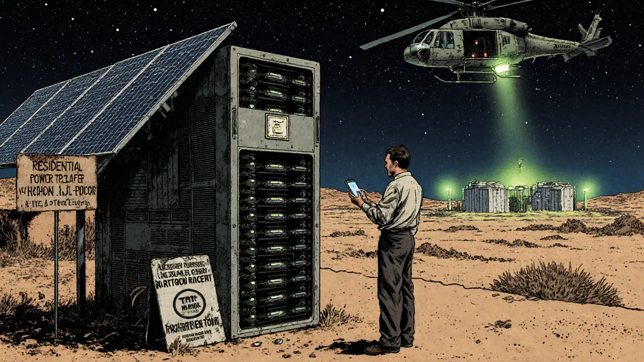 A village technician operates a solar-powered ASIC miner, avoiding residential power, as a PVARA helicopter flies overhead at night.