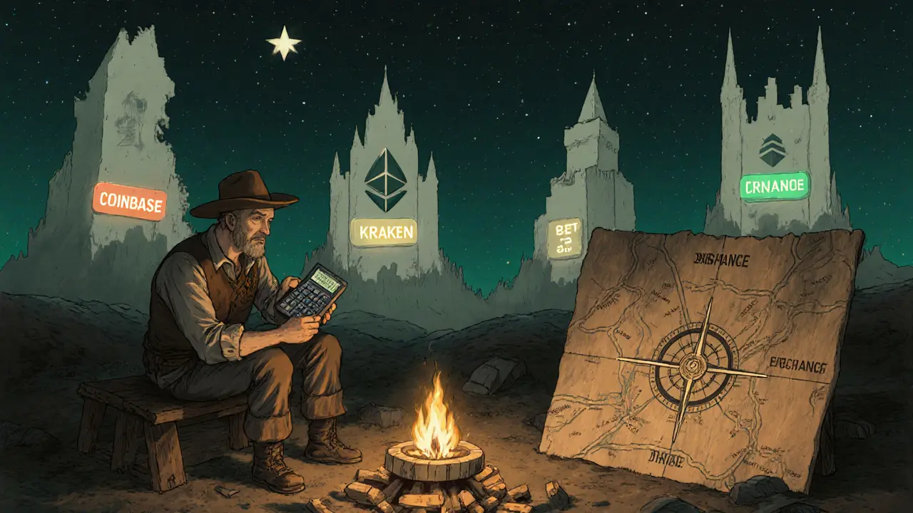 An explorer uses a calculator by firelight as ghostly fake exchanges vanish in the distance, guided by a map of real platforms.