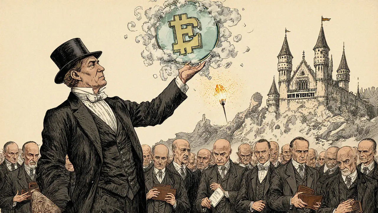 An investor reaching for a dissolving INTX token, surrounded by faceless figures holding empty wallets.