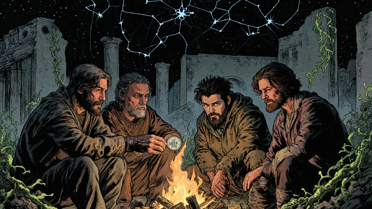 Five heroes sit around a campfire, passing a MIRA coin as bioluminescent vines grow through ancient ruins.