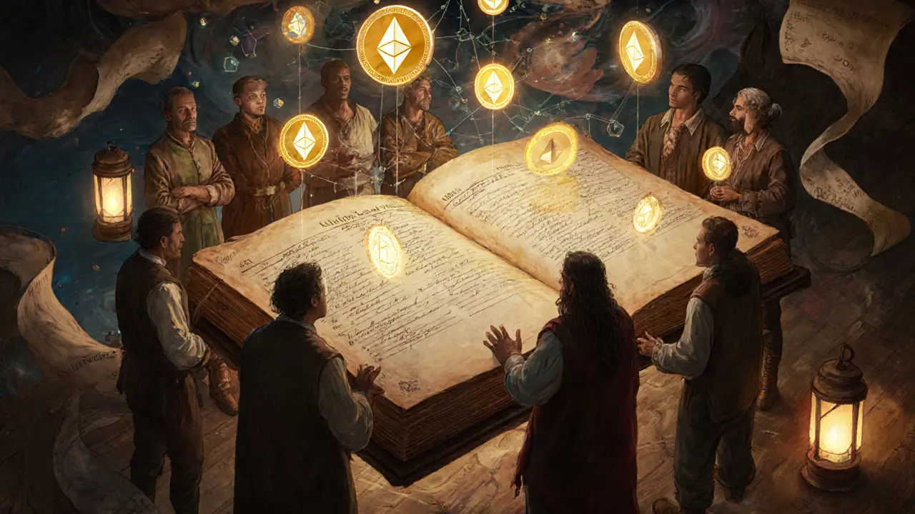 Merchants gathered around a floating ledger with glowing tokens rising from trade entries under lantern light.
