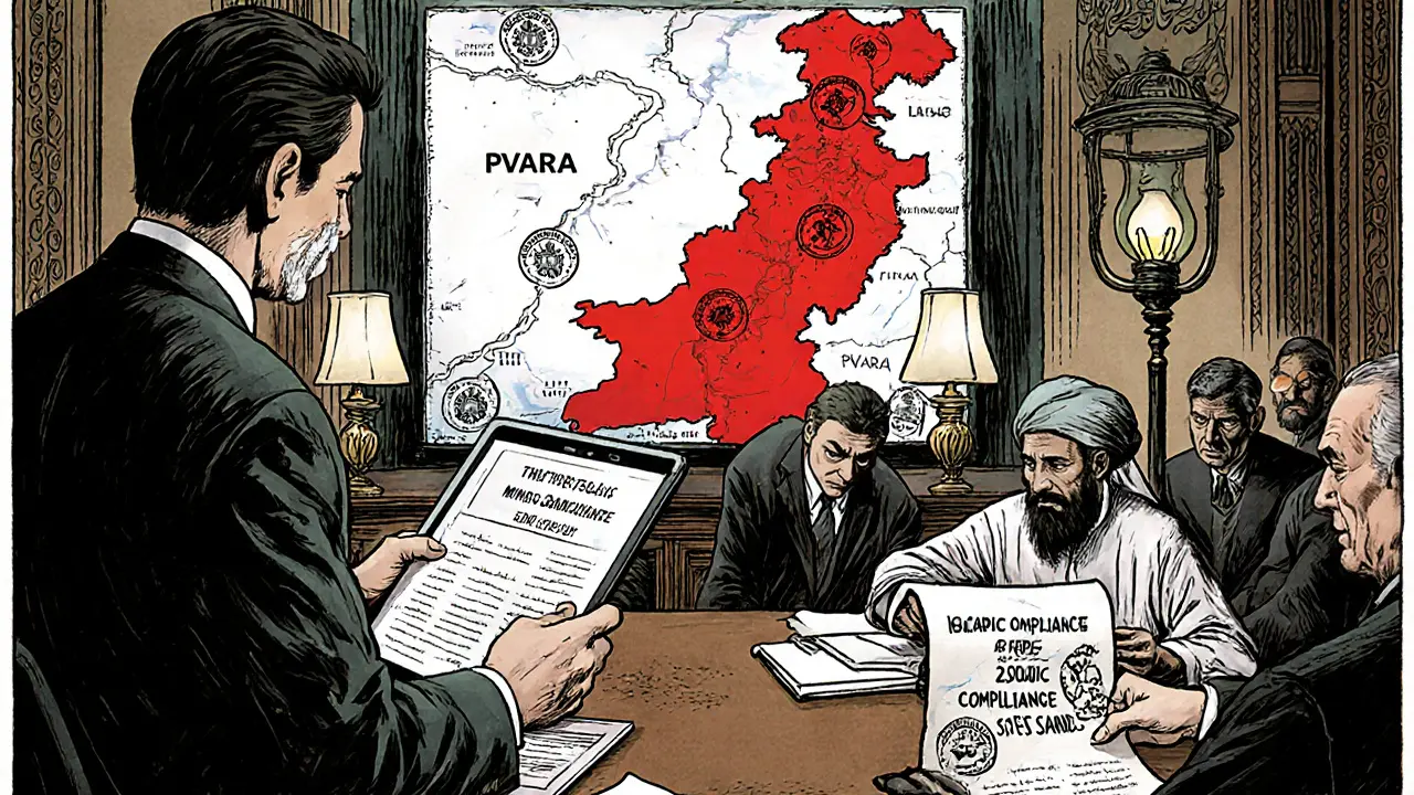 Regulators and a Shariah scholar reviewing mining compliance documents in a colonial-era office, with energy maps on the wall.