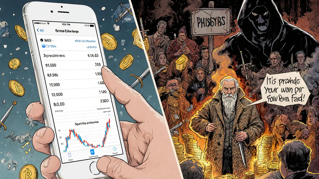Split scene: a clean crypto calculator app versus a chaotic fake exchange, with a cartographer warning the viewer.