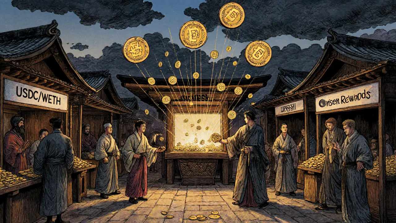 Traders in period clothing barter tokens at a DeFi marketplace, with SUSHI staking altar and fee streams glowing above.