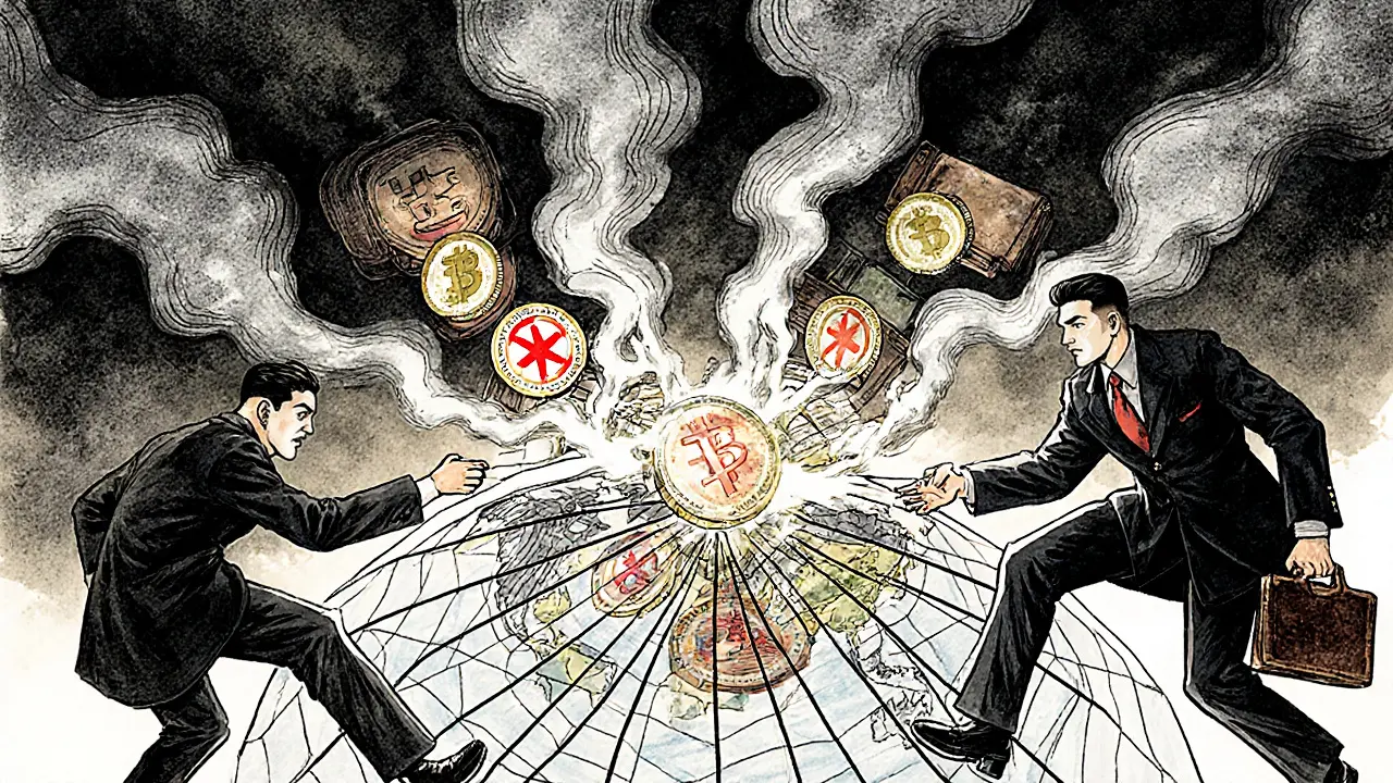 U.S. law enforcement shutting down a global crypto sanctions network, with frozen digital assets and fleeing operatives.