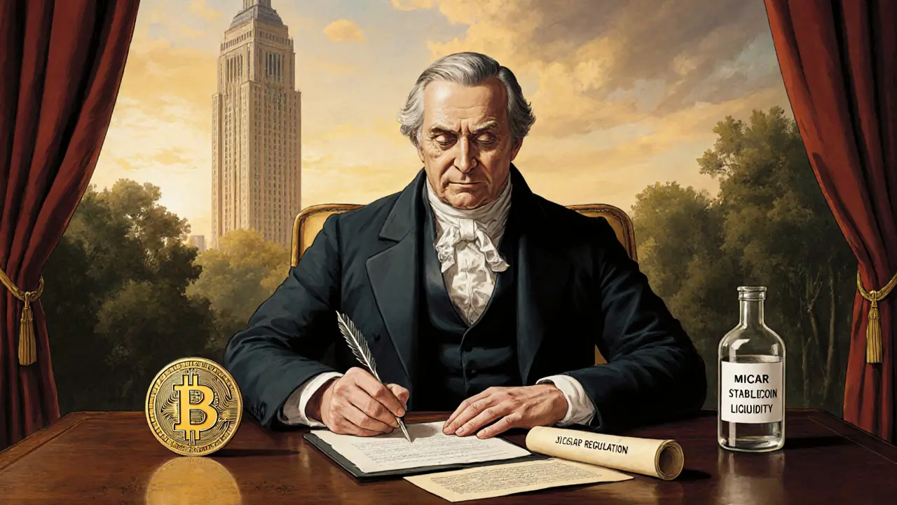 A 19th-century banker approves a crypto loan, with Bitcoin, stablecoins, and MiCAR scroll on desk, behind a mural of institutional crypto growth.
