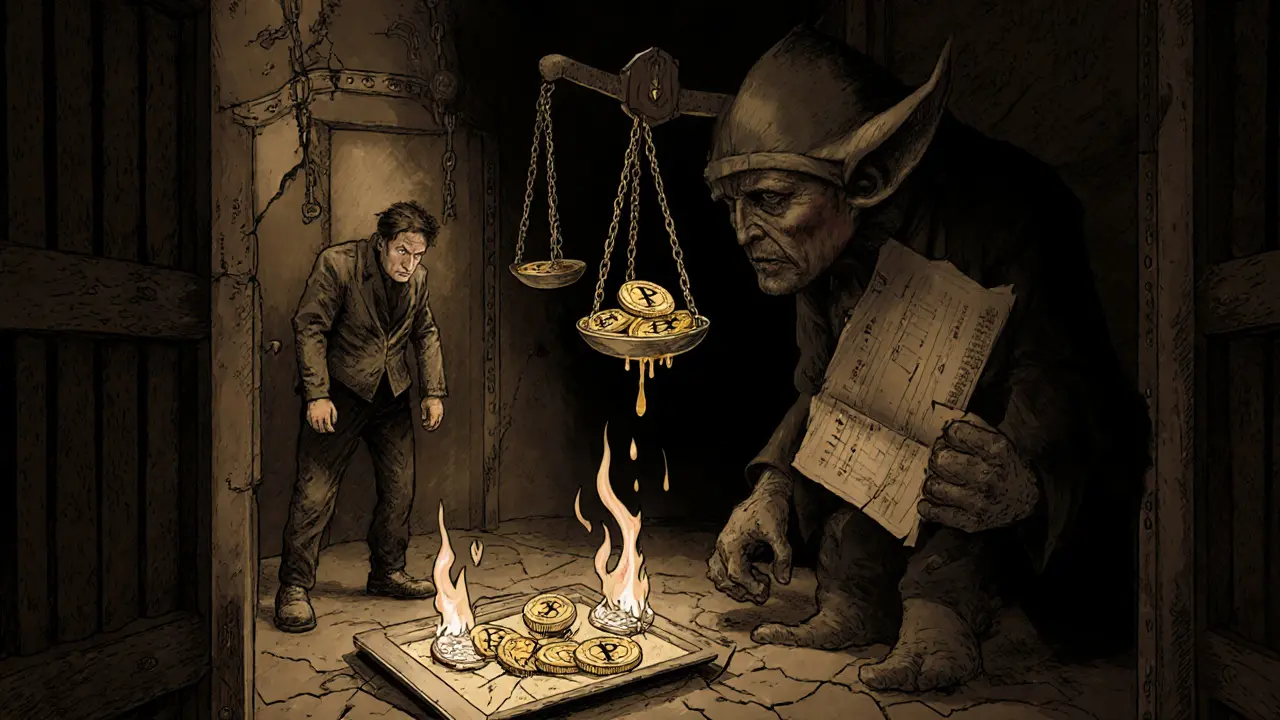 A borrower watches as smart contract chains tighten around Ethereum tokens, with a shadowy liquidation figure preparing to auction them.