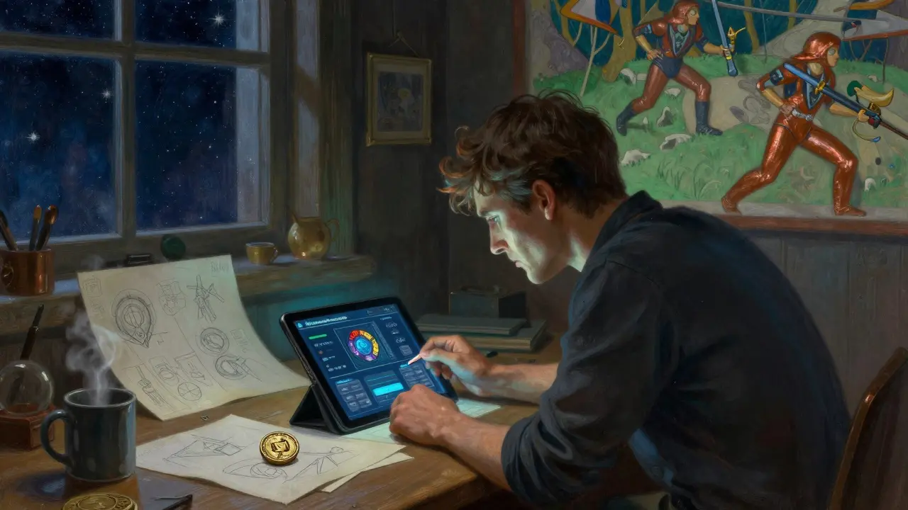 A developer in a quiet workshop with a glowing game interface and a single Dragon Coin on the table, stars visible through the window.