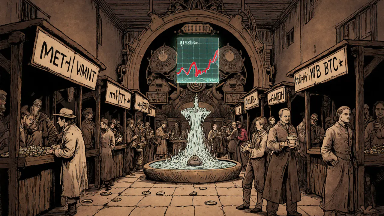 A historic-style DeFi marketplace with traders bartering crypto tokens beside a humming AMM machine and rising TVL hologram.