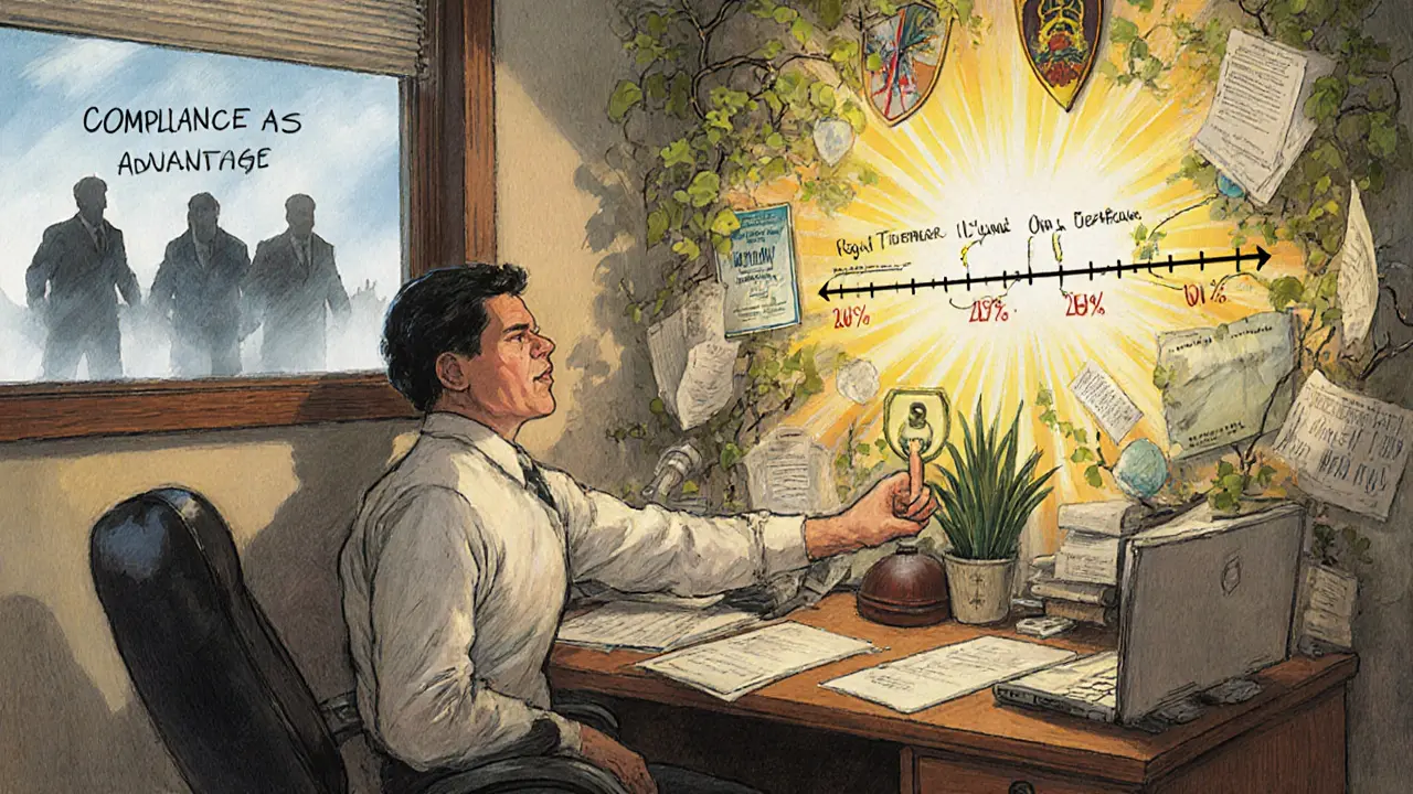 A small business owner activating VComply as compliance shields form around the room, with penalties fading away.