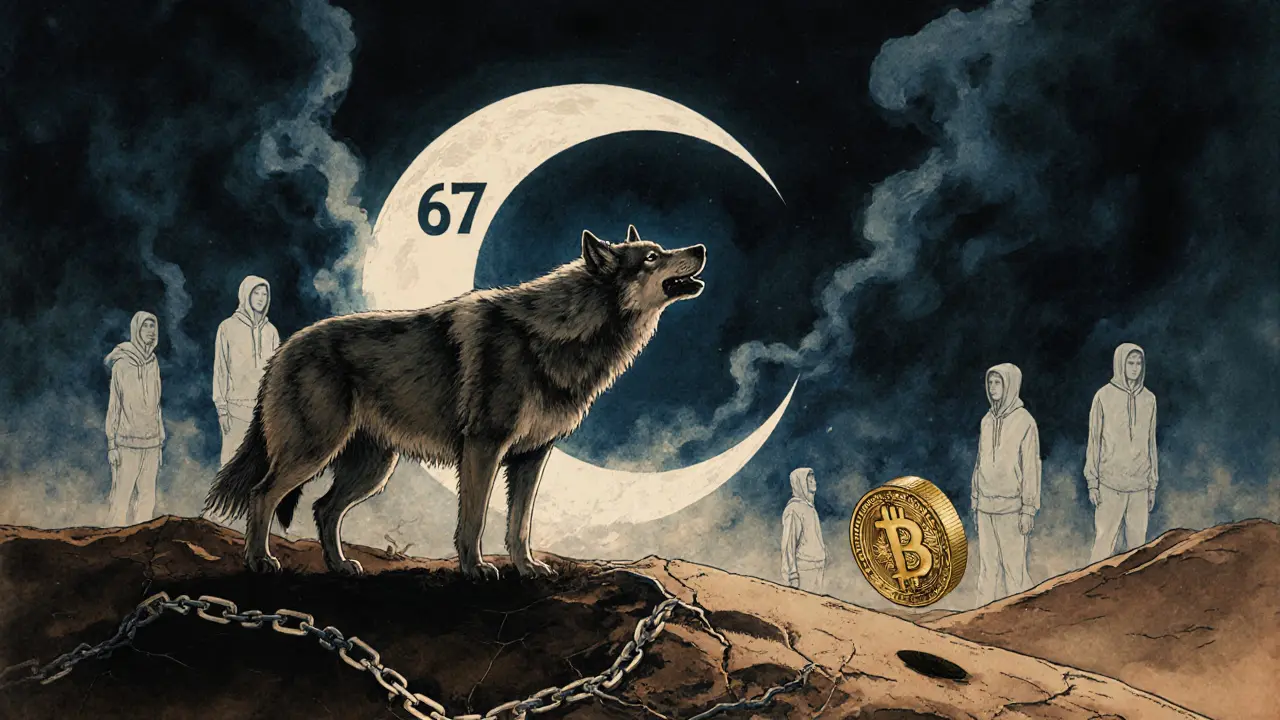 A wolf howls at a 67-shaped moon as fading crypto traders vanish into smoke.