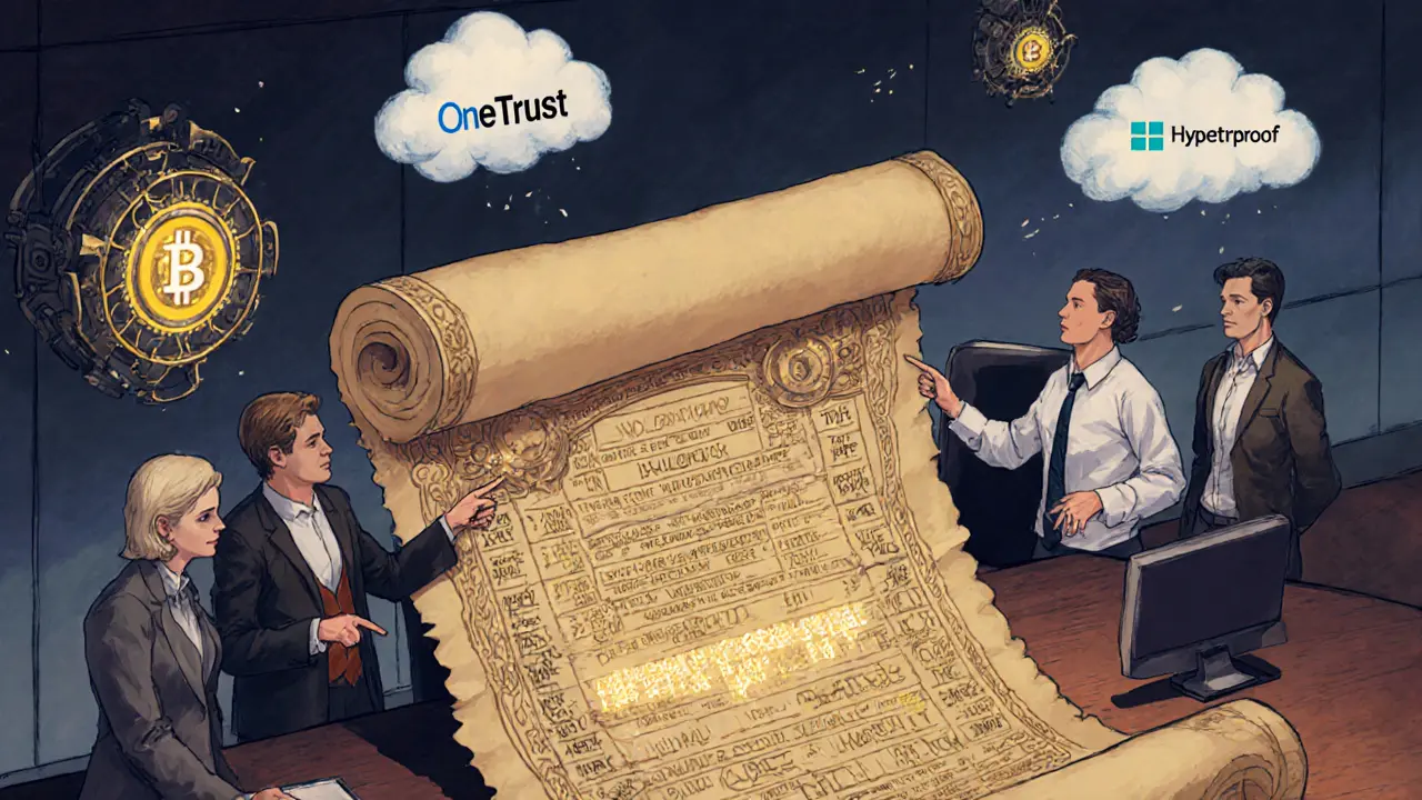 An ornate blockchain scroll unfurling in a modern office as professionals examine immutable records.