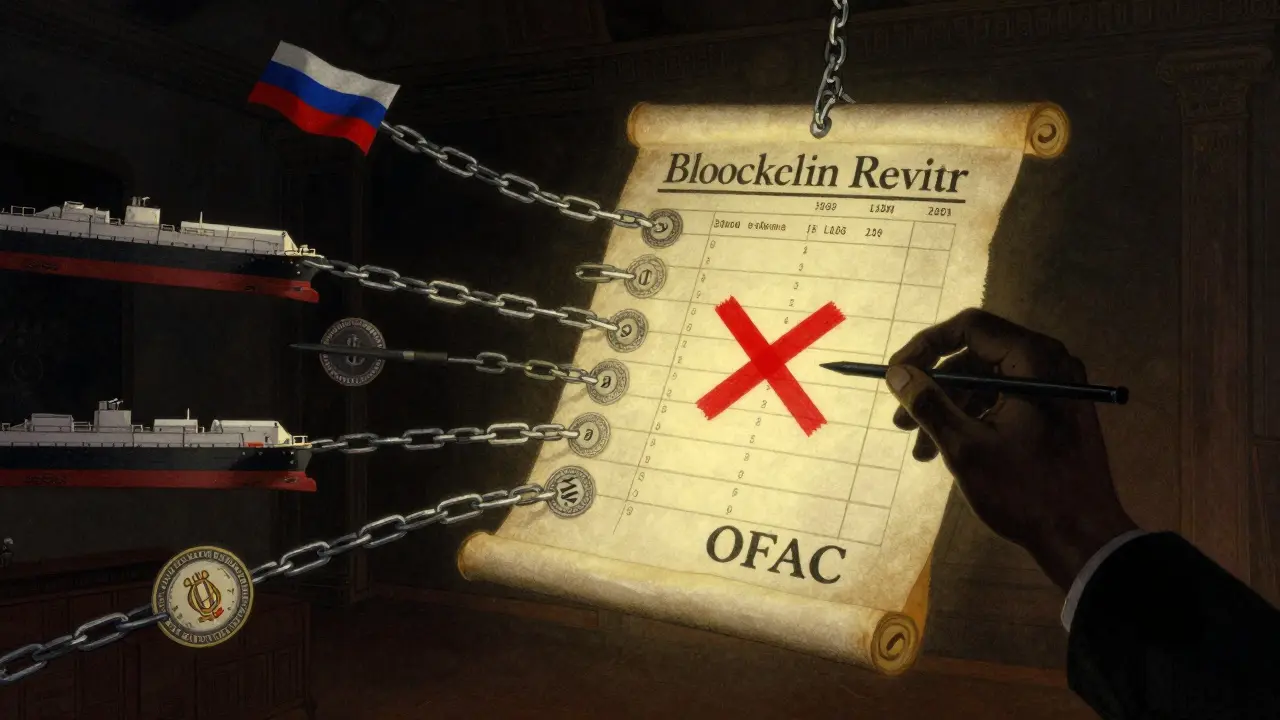 Ancient scroll-like blockchain with oil, weapons, and sanctions symbols entangled, being erased by a shadowy hand.