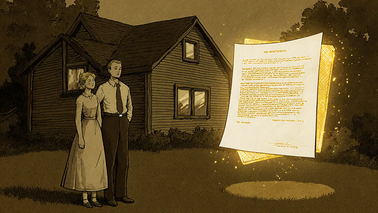 Couple in Vermont completes a home sale with a glowing blockchain contract transferring deed and funds instantly.