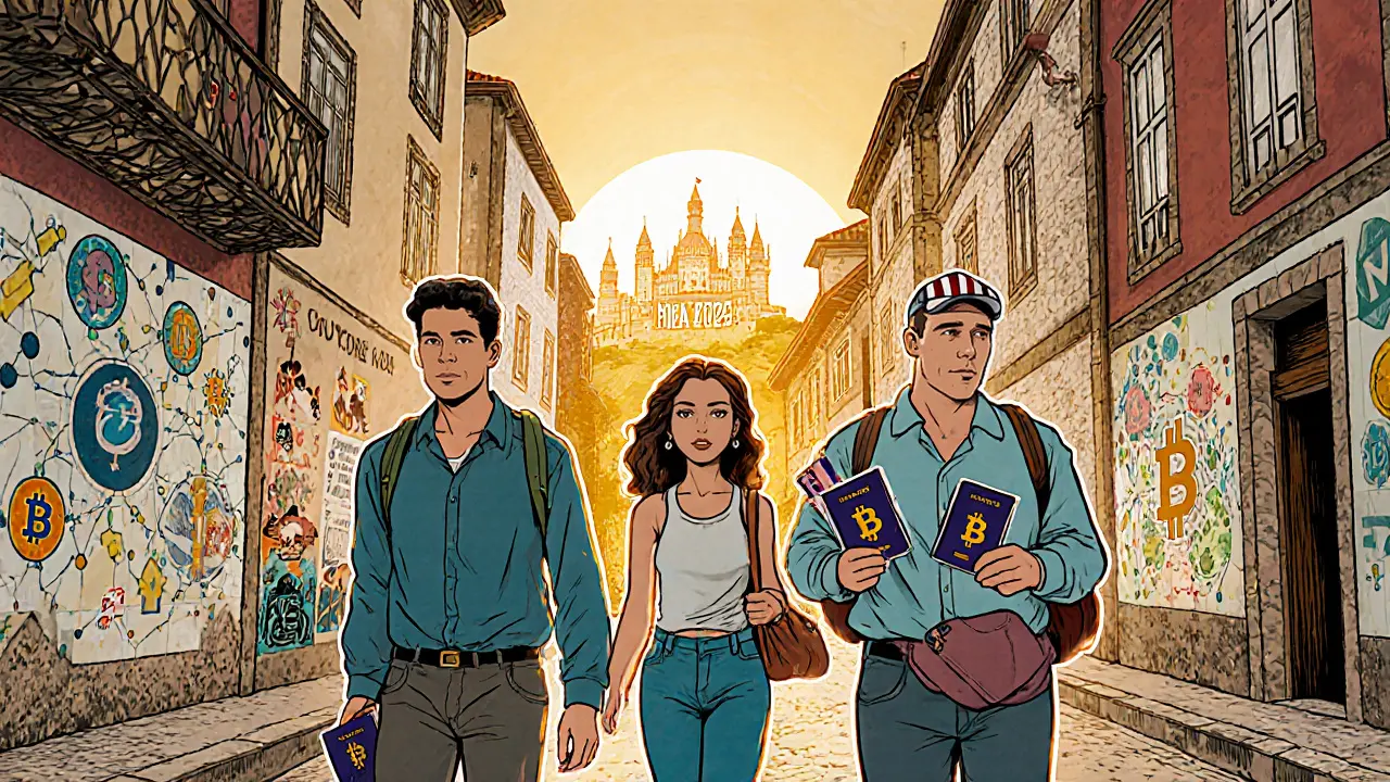 Diverse digital nomads walking through Porto with NHR passports, a glowing &#039;MiCA 2026&#039; castle on the horizon.