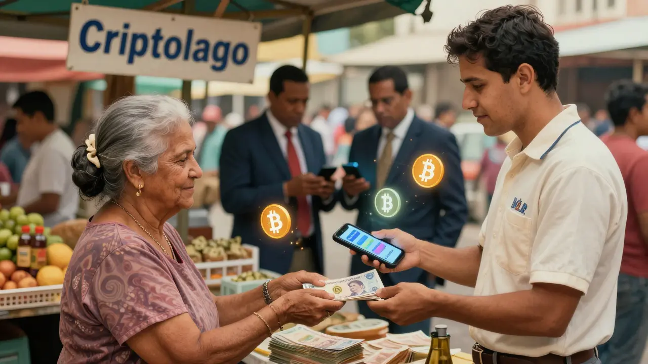 Elderly woman trading cash for crypto in a Caracas market, digital currency icons floating around her.