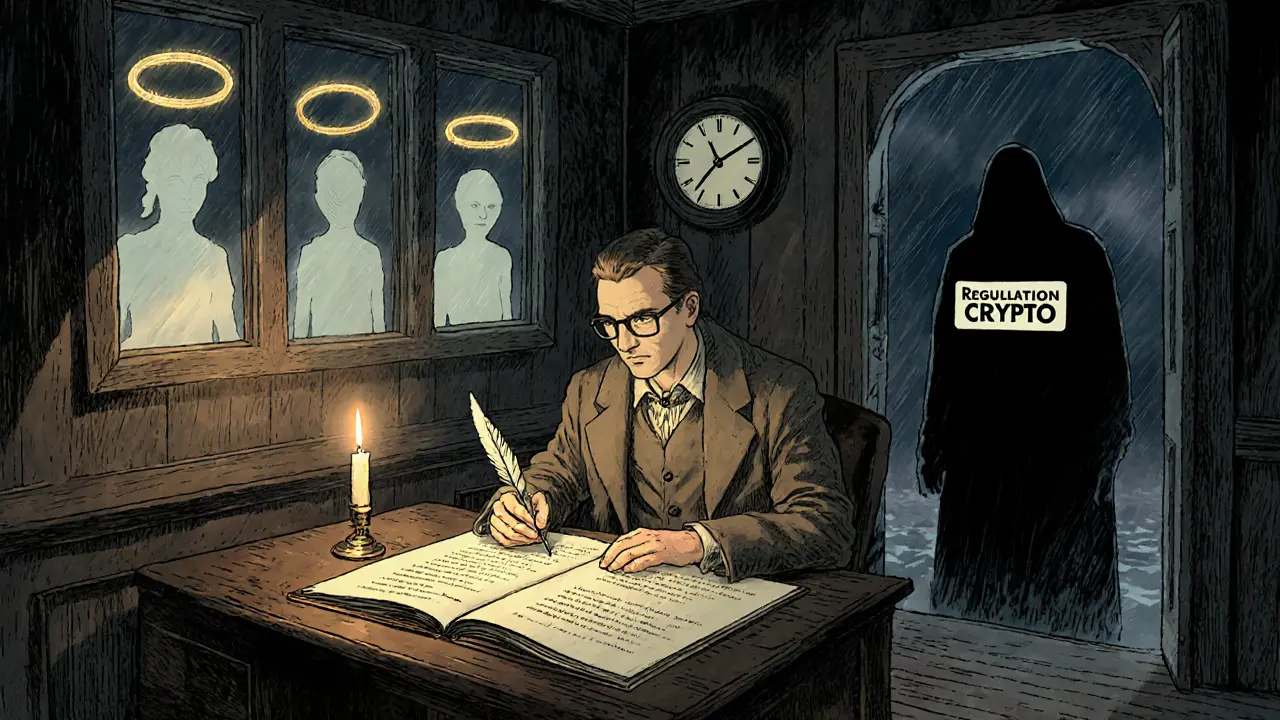 Engineer inscribes legal rules into a glowing smart contract with a quill, while ghostly investors watch from behind windows.