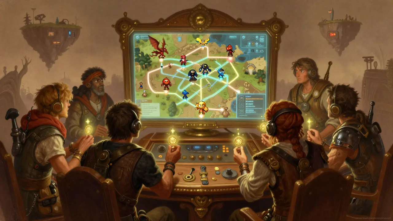 Gamers gathered around a brass console watching a holographic map of interconnected game networks with floating tokens.